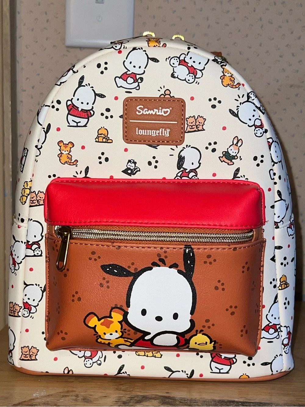 Loungefly Sanrio Pochacco Cream, Brown & Red Mini Backpack